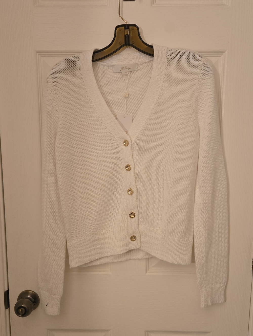 Lilly Pulitzer White V-Neck Button Cardigan with Gold Buttons